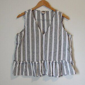 Linen Striped Sleeveless Top Blue White Gold Lurex Ruffle Hem Flowy Large Petite